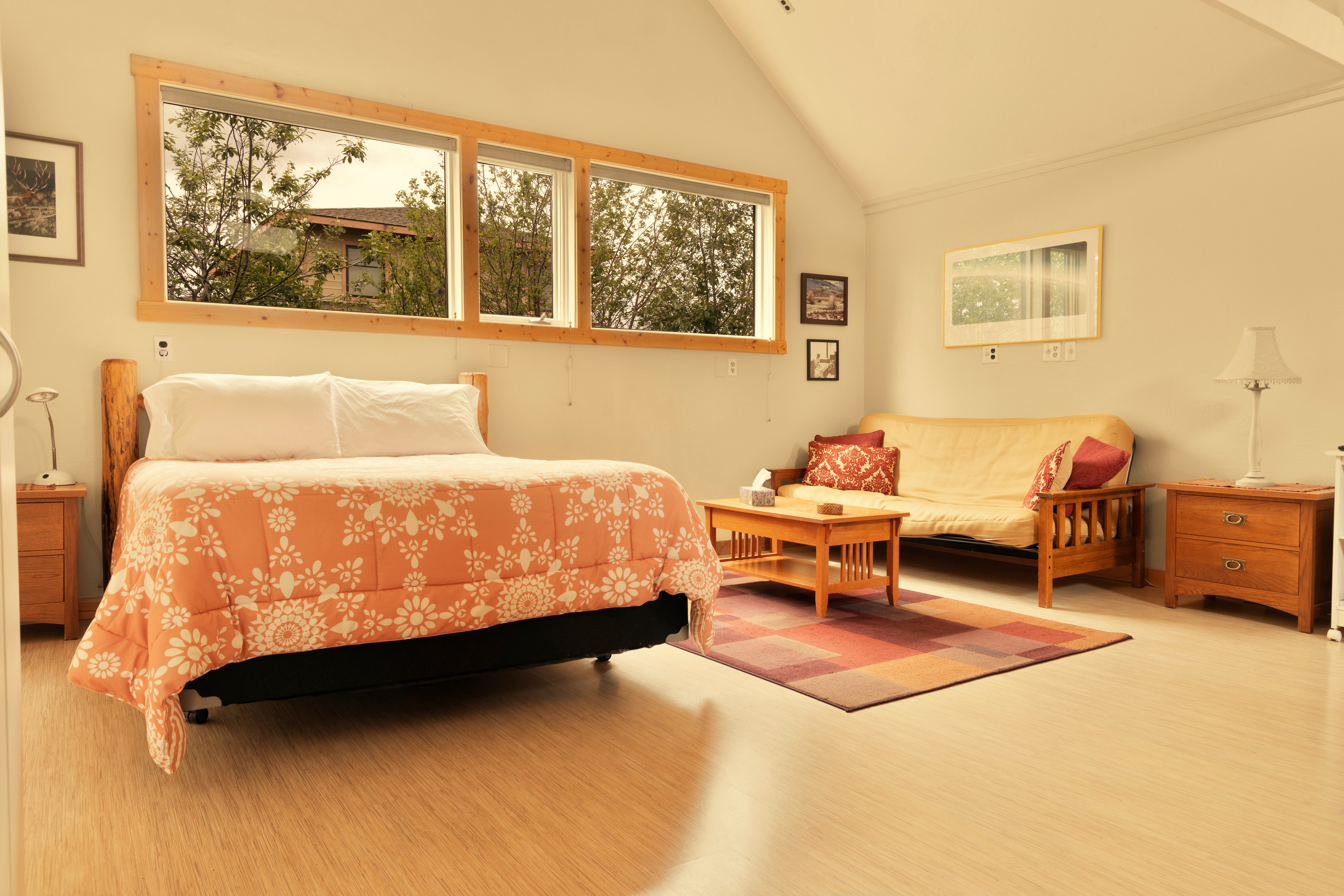 Queen bed and living area (futon converts to a bed)